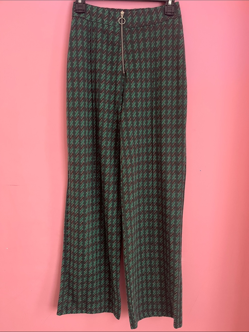 Zara 2pcs Set Green Patterned Wide-Leg Pants &PoloTop - Women's Stylish Trousers - Picture 5 of 16